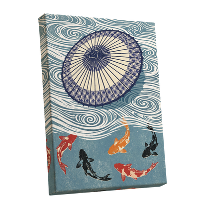 Koi Beneath the Parasol, blue, beige, black nature wall art shown as a stretched canvas wall art