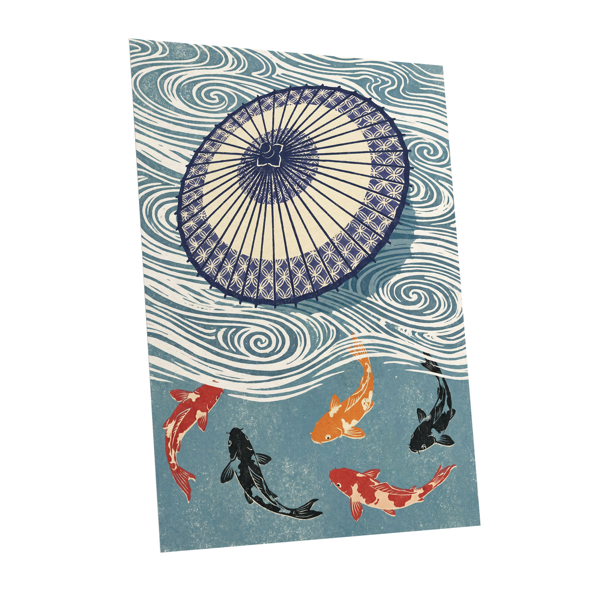 Koi Beneath the Parasol, blue, beige, black nature wall art shown as a unframed poster wall art print