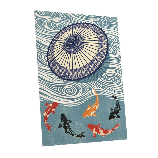 Koi Beneath the Parasol, blue, beige, black nature wall art shown as a unframed poster wall art print