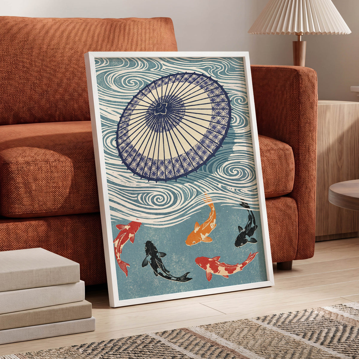 Koi Beneath the Parasol, blue, beige, black nature wall art displayed in a styled interior, gallery view 2