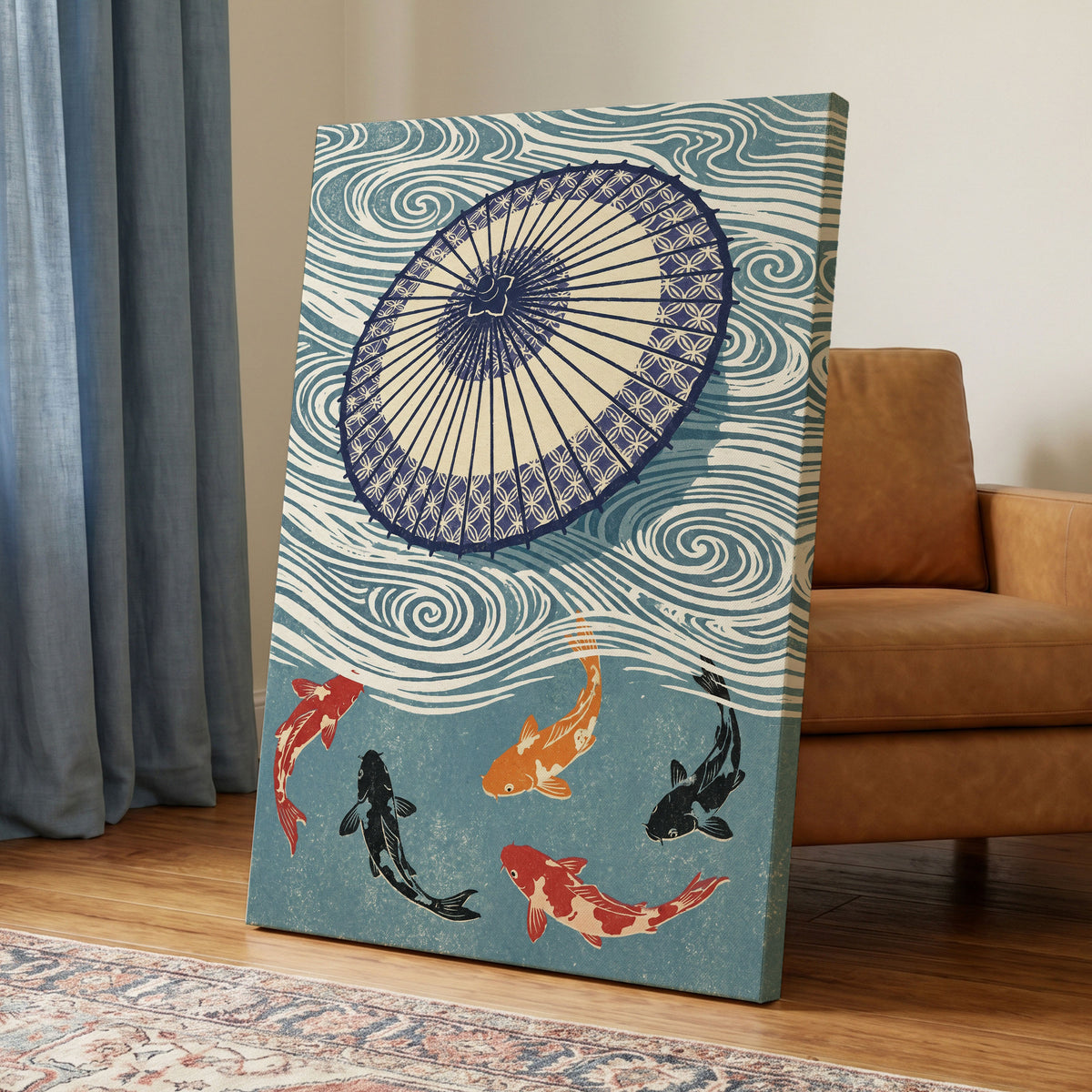 Koi Beneath the Parasol, blue, beige, black nature wall art displayed in a styled interior, gallery view 3