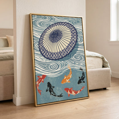 Koi Beneath the Parasol, blue, beige, black nature wall art displayed in a styled interior, gallery view 4