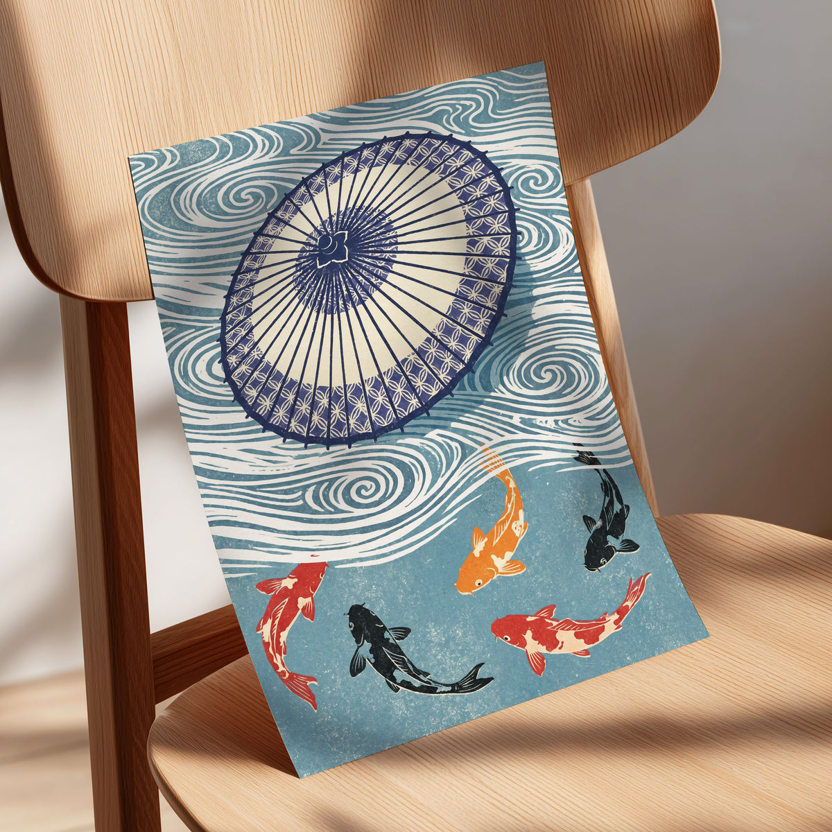 Koi Beneath the Parasol, blue, beige, black nature wall art displayed in a styled interior, gallery view 5