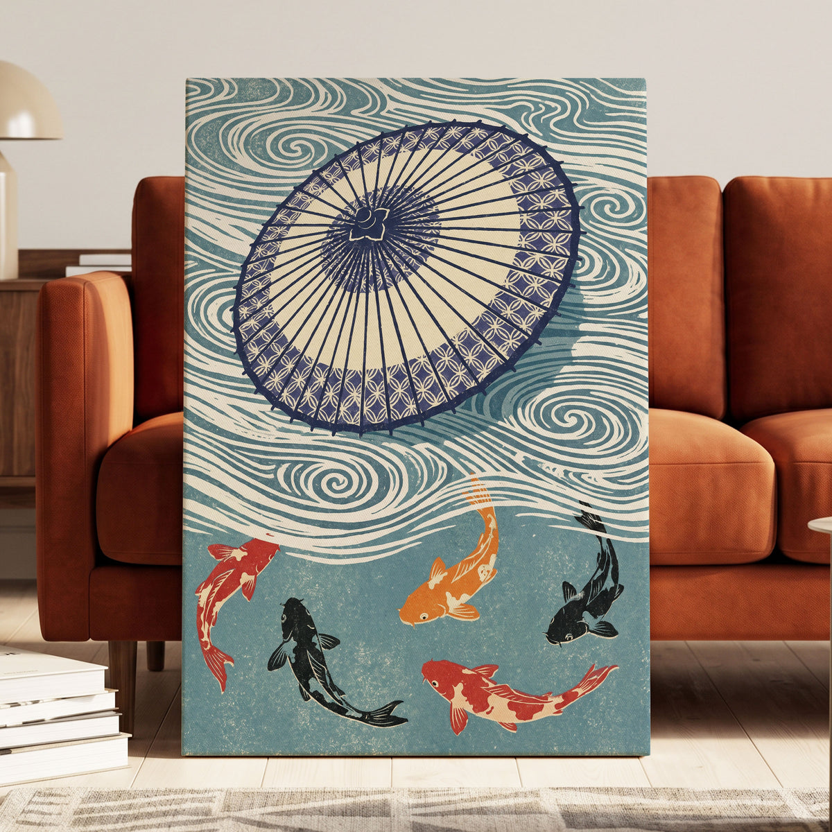 Koi Beneath the Parasol, blue, beige, black nature wall art displayed in a styled interior, gallery view 7