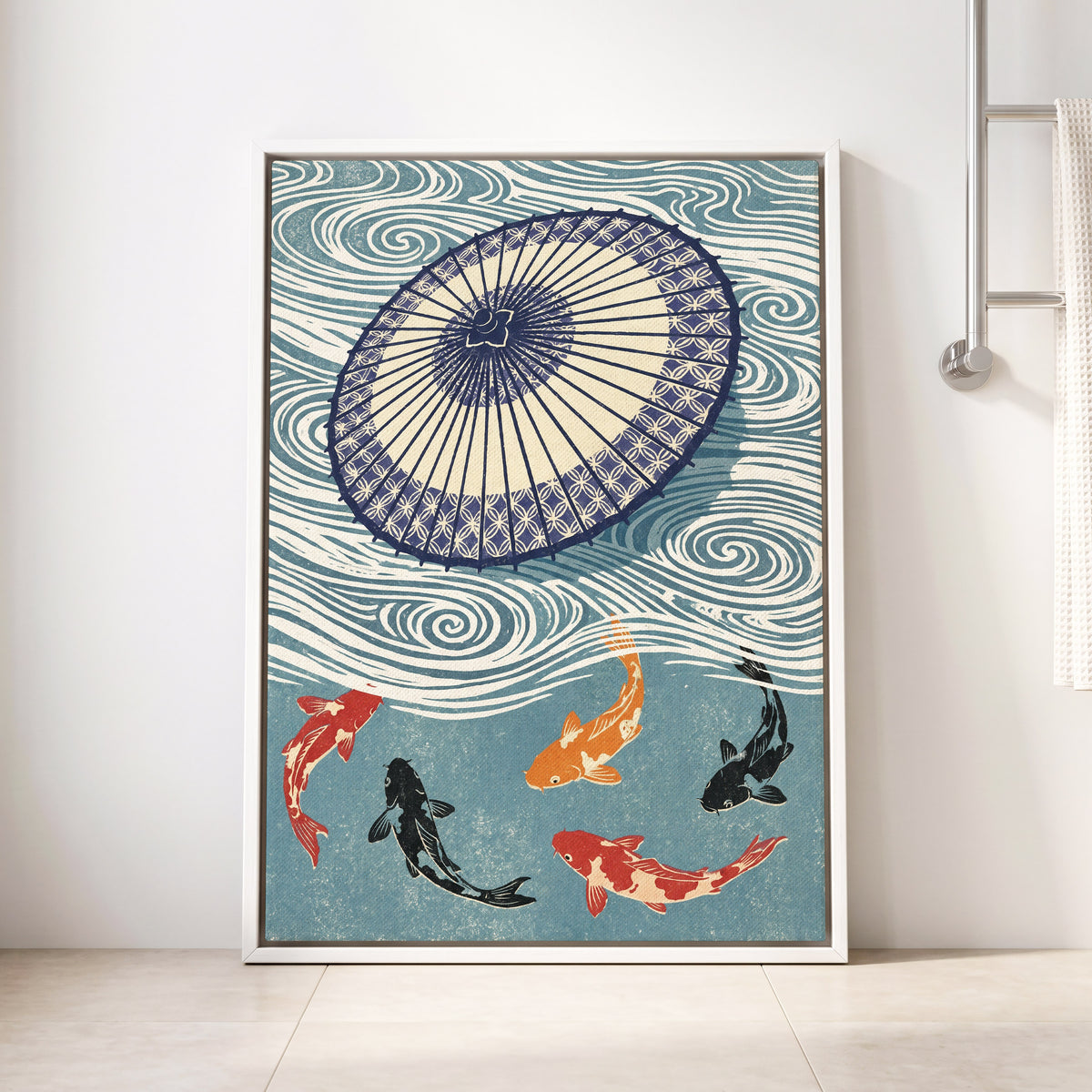 Koi Beneath the Parasol, blue, beige, black nature wall art displayed in a styled interior, gallery view 8