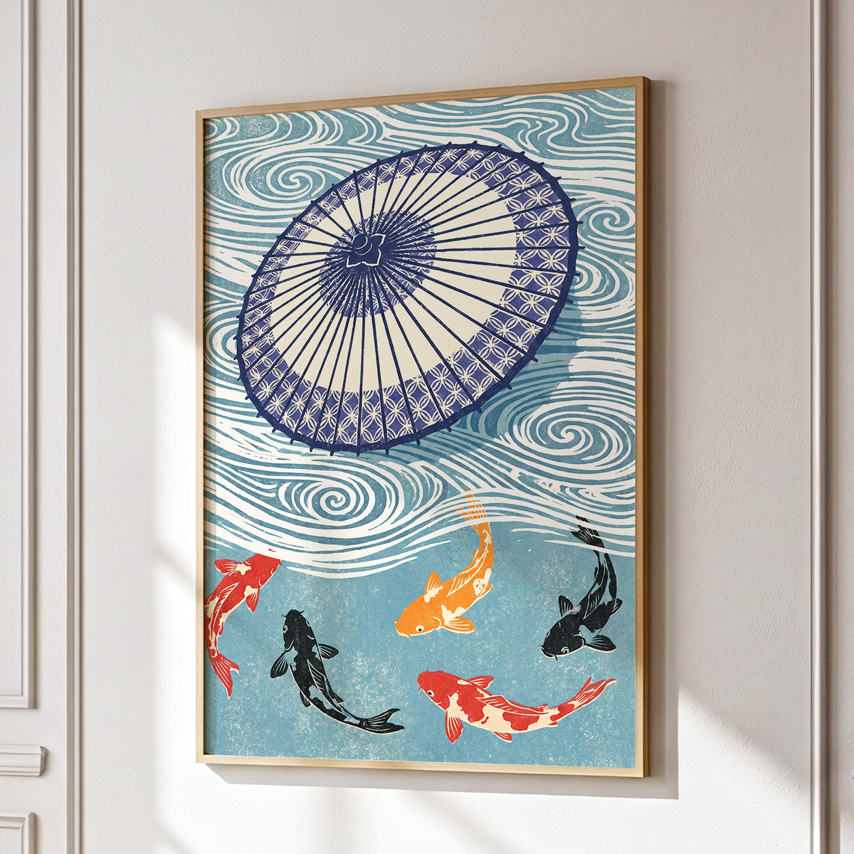 Koi Beneath the Parasol, blue, beige, black nature wall art displayed in a styled interior, gallery view 9