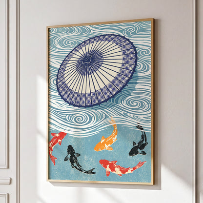 Koi Beneath the Parasol, blue, beige, black nature wall art displayed in a styled interior, gallery view 9