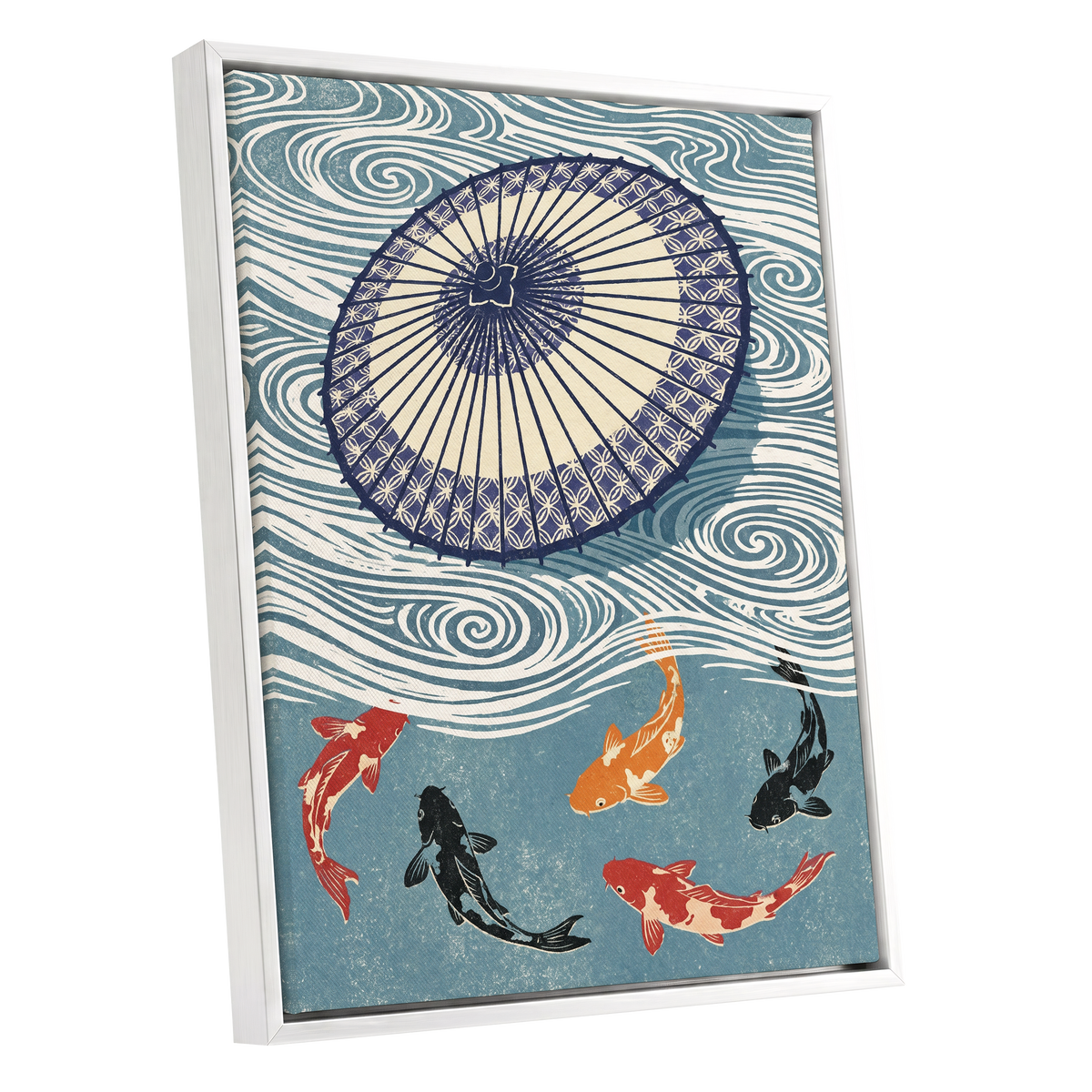 Koi Beneath the Parasol, blue, beige, black nature wall art shown as a white framed canvas wall art