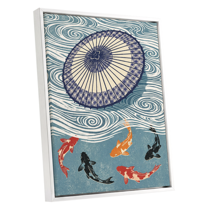 Koi Beneath the Parasol, blue, beige, black nature wall art shown as a white framed canvas wall art