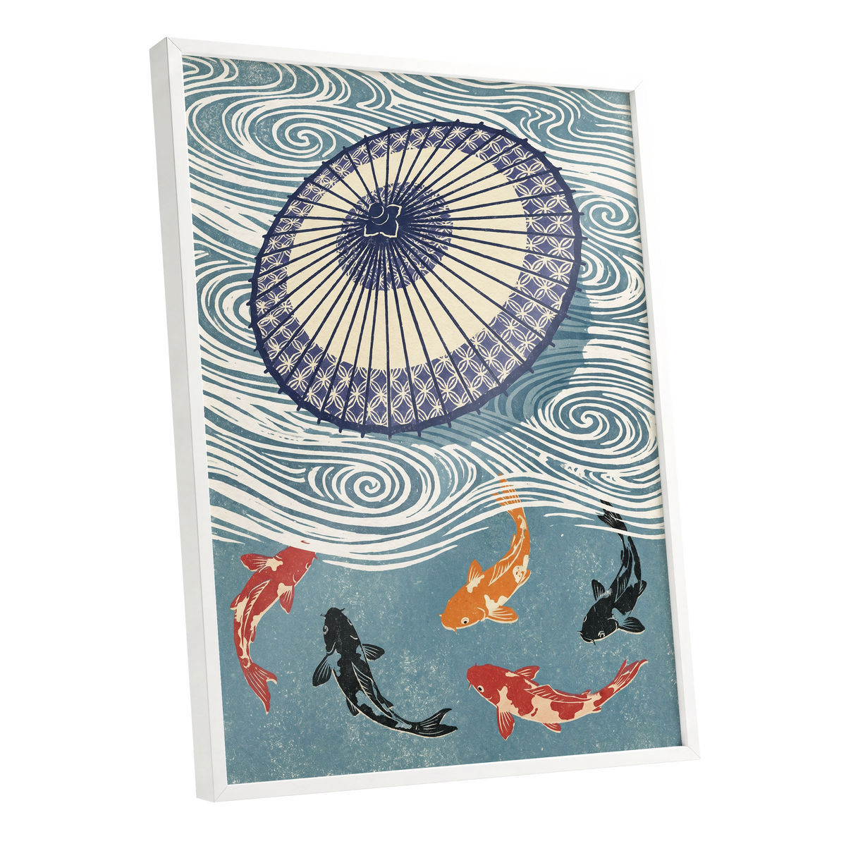 Koi Beneath the Parasol, blue, beige, black nature wall art shown as a white framed poster wall art print