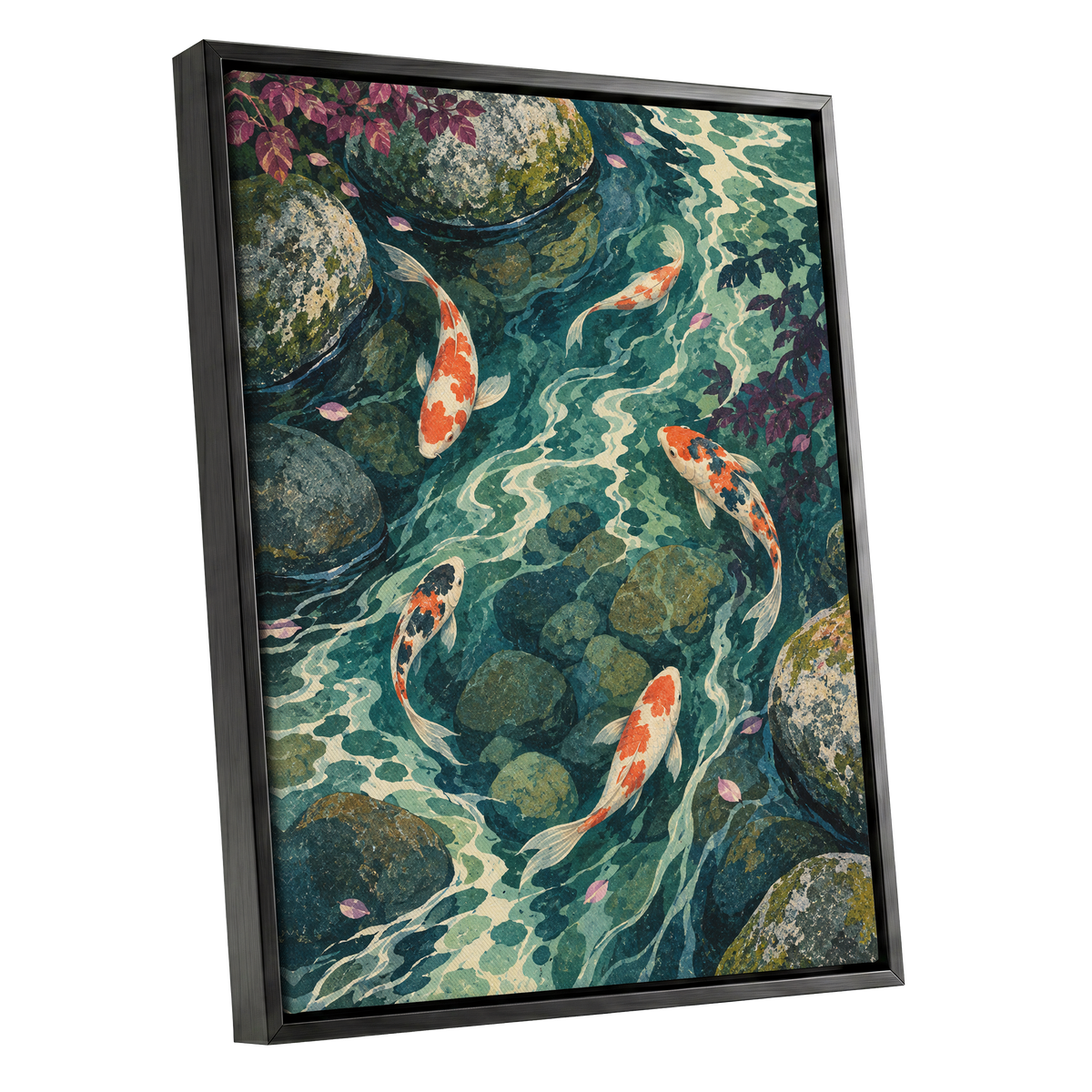 Koi Beneath the Ripples, blue, green, orange nature wall art shown as a black framed canvas wall art