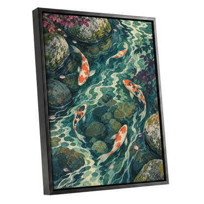 Koi Beneath the Ripples, blue, green, orange nature wall art shown as a black framed canvas wall art