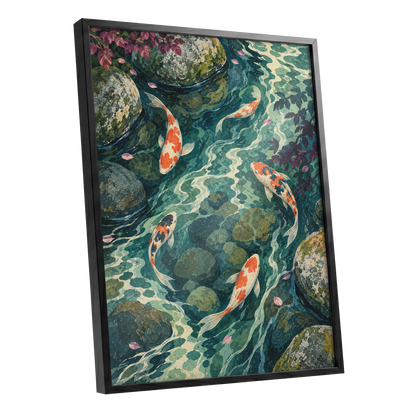 Koi Beneath the Ripples, blue, green, orange nature wall art shown as a black framed poster wall art print