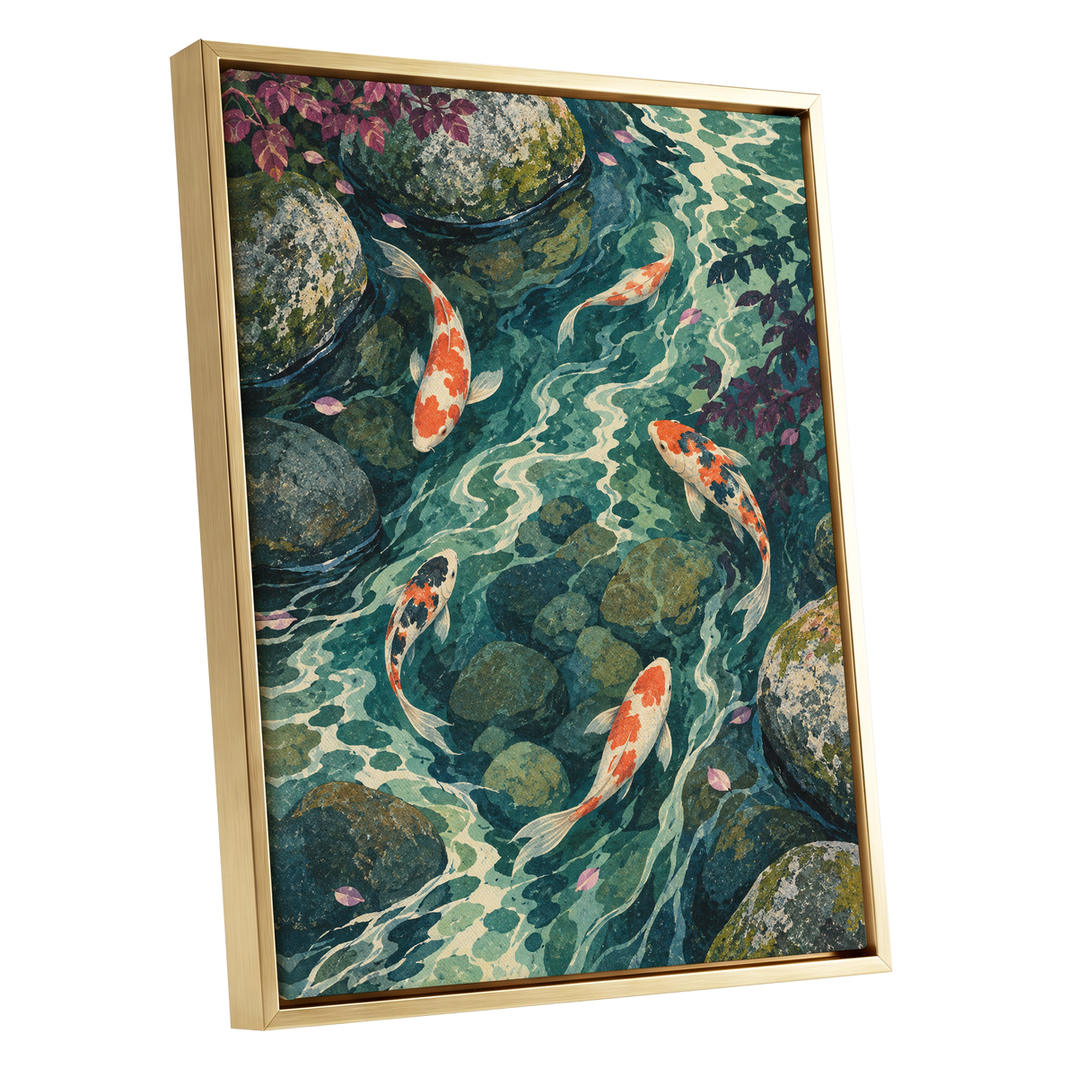 Koi Beneath the Ripples, blue, green, orange nature wall art shown as a gold framed canvas wall art