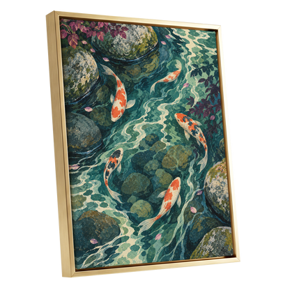 Koi Beneath the Ripples, blue, green, orange nature wall art shown as a gold framed canvas wall art