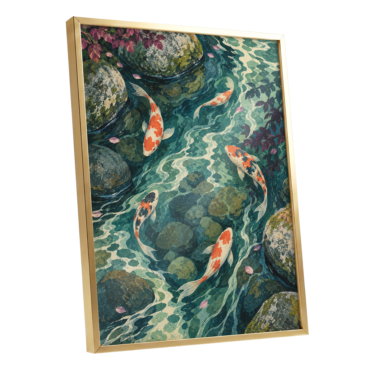 Koi Beneath the Ripples, blue, green, orange nature wall art shown as a gold framed poster wall art print