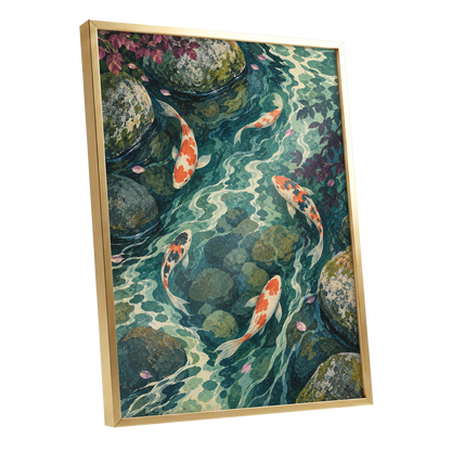 Koi Beneath the Ripples, blue, green, orange nature wall art shown as a gold framed poster wall art print