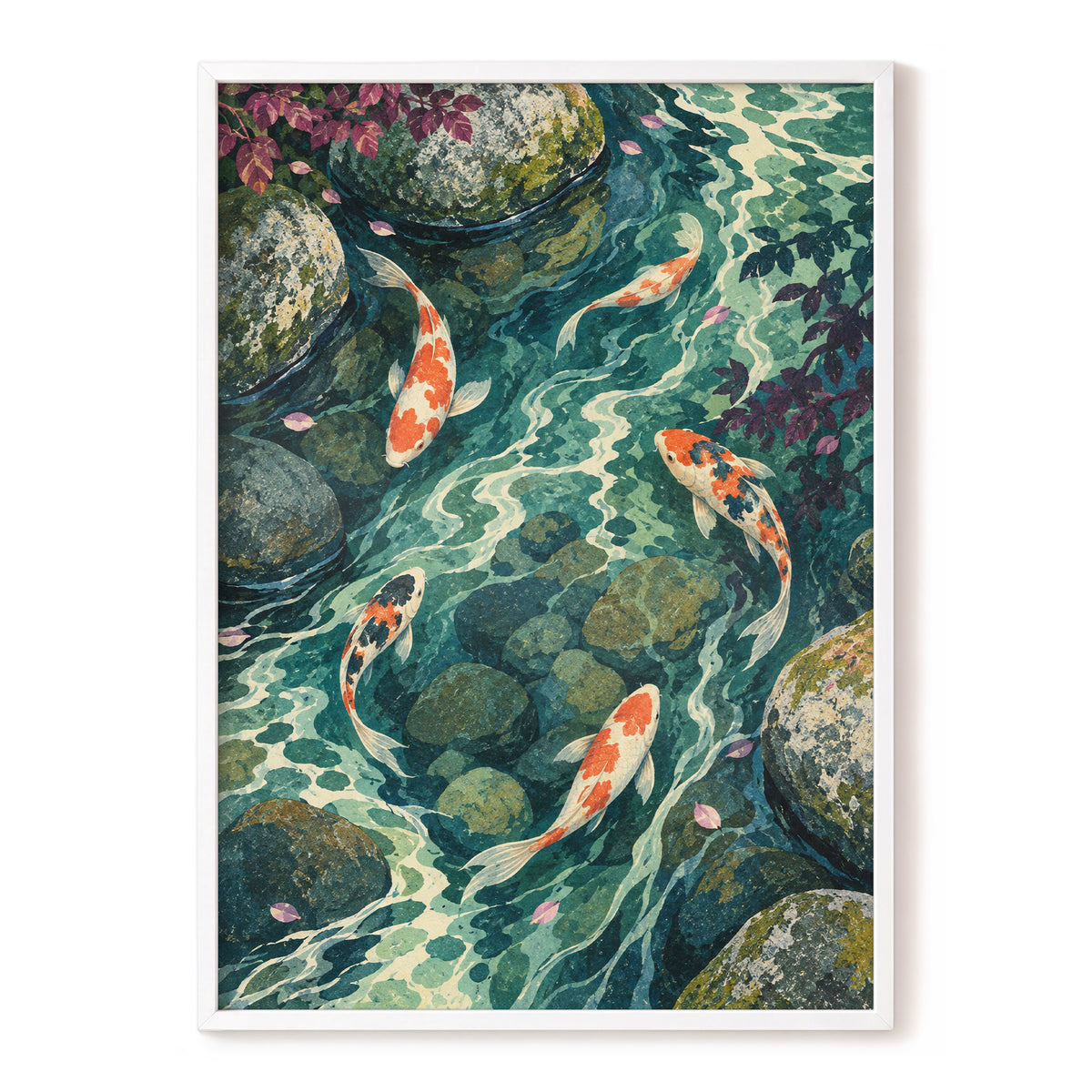 Koi Beneath the Ripples, blue, green, orange nature wall art, front artwork view