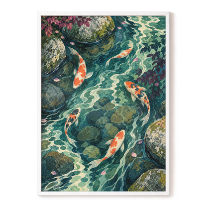 Koi Beneath the Ripples, blue, green, orange nature wall art, front artwork view