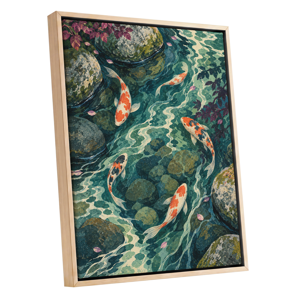 Koi Beneath the Ripples, blue, green, orange nature wall art shown as a oak framed canvas wall art