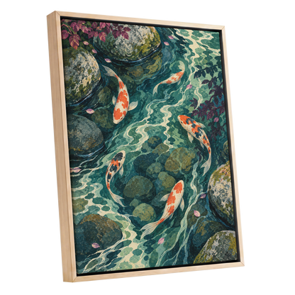 Koi Beneath the Ripples, blue, green, orange nature wall art shown as a oak framed canvas wall art