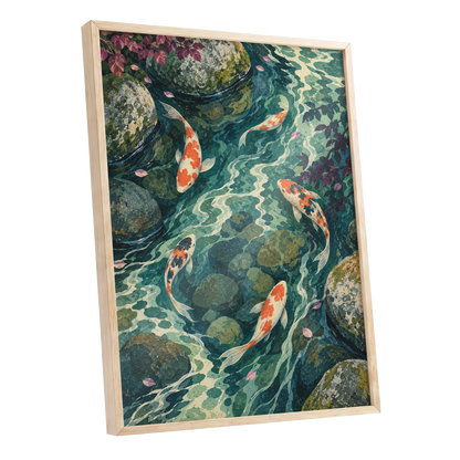 Koi Beneath the Ripples, blue, green, orange nature wall art shown as a oak framed poster wall art print