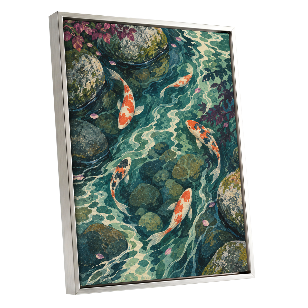 Koi Beneath the Ripples, blue, green, orange nature wall art shown as a silver framed canvas wall art