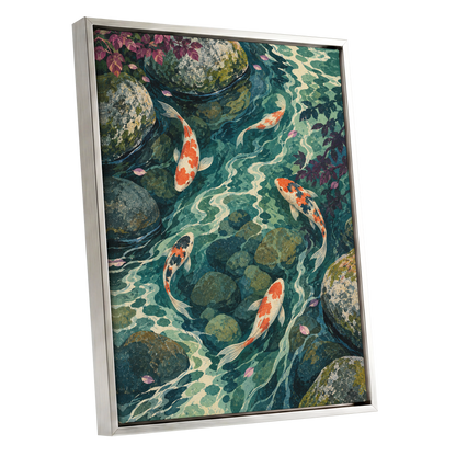Koi Beneath the Ripples, blue, green, orange nature wall art shown as a silver framed canvas wall art