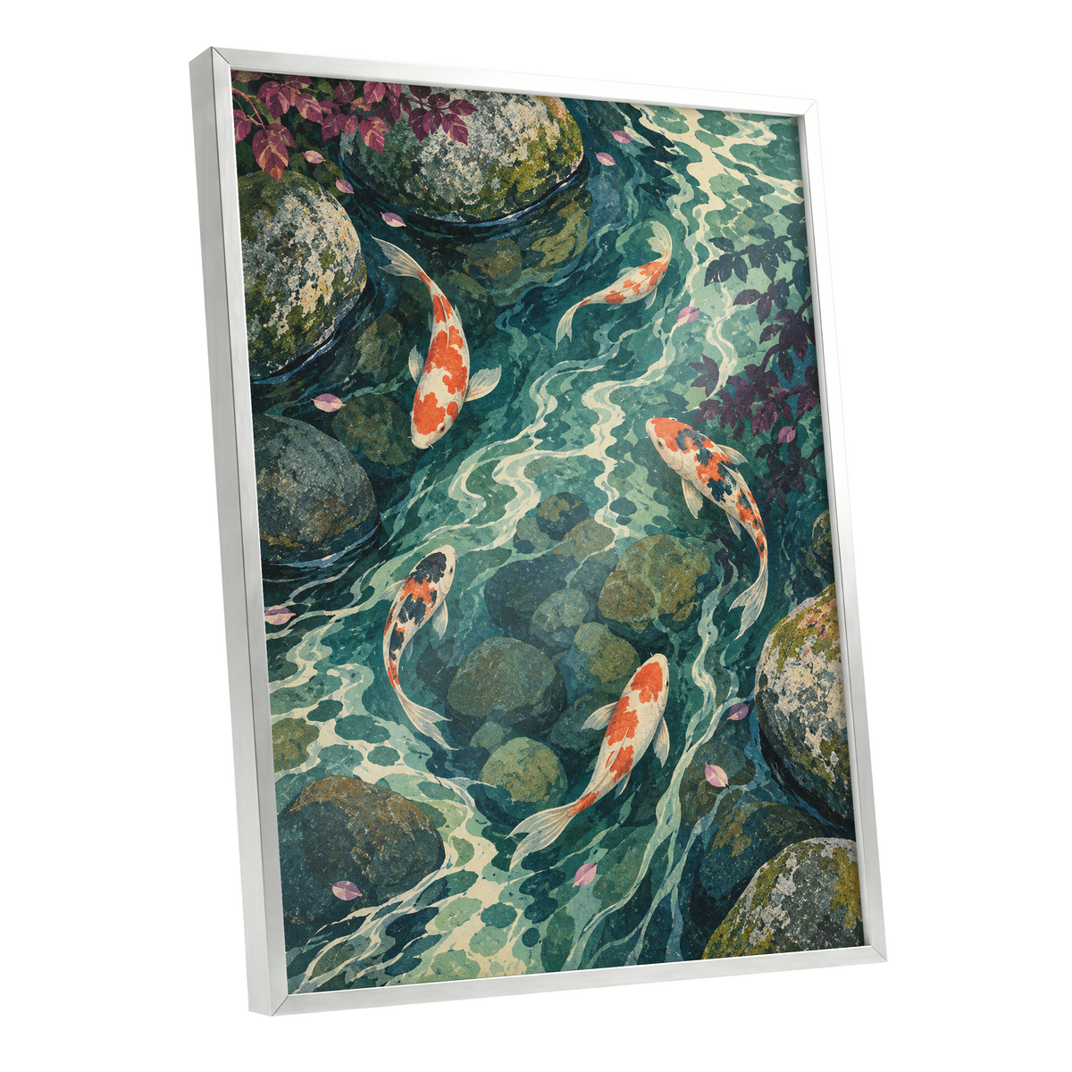 Koi Beneath the Ripples, blue, green, orange nature wall art shown as a silver framed poster wall art print
