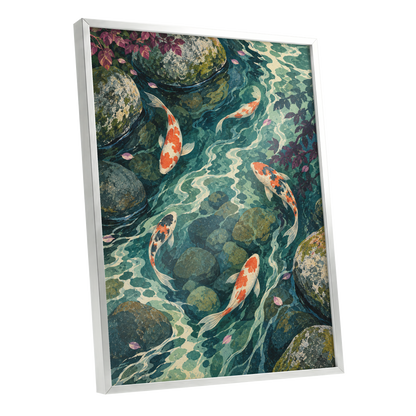 Koi Beneath the Ripples, blue, green, orange nature wall art shown as a silver framed poster wall art print