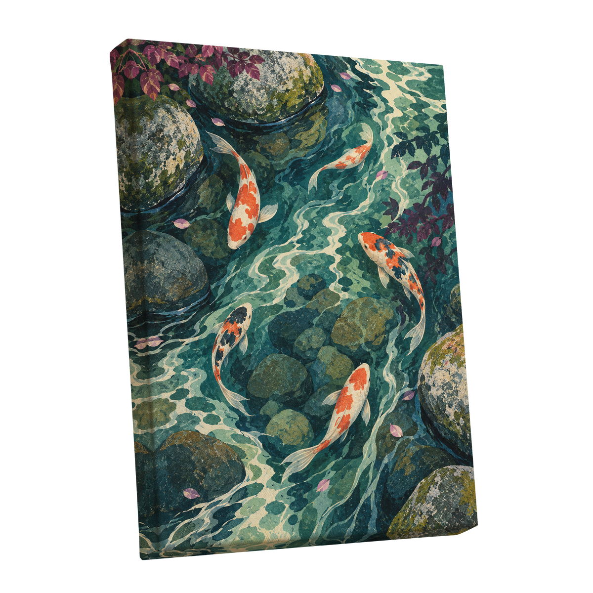 Koi Beneath the Ripples, blue, green, orange nature wall art shown as a stretched canvas wall art