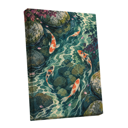 Koi Beneath the Ripples, blue, green, orange nature wall art shown as a stretched canvas wall art