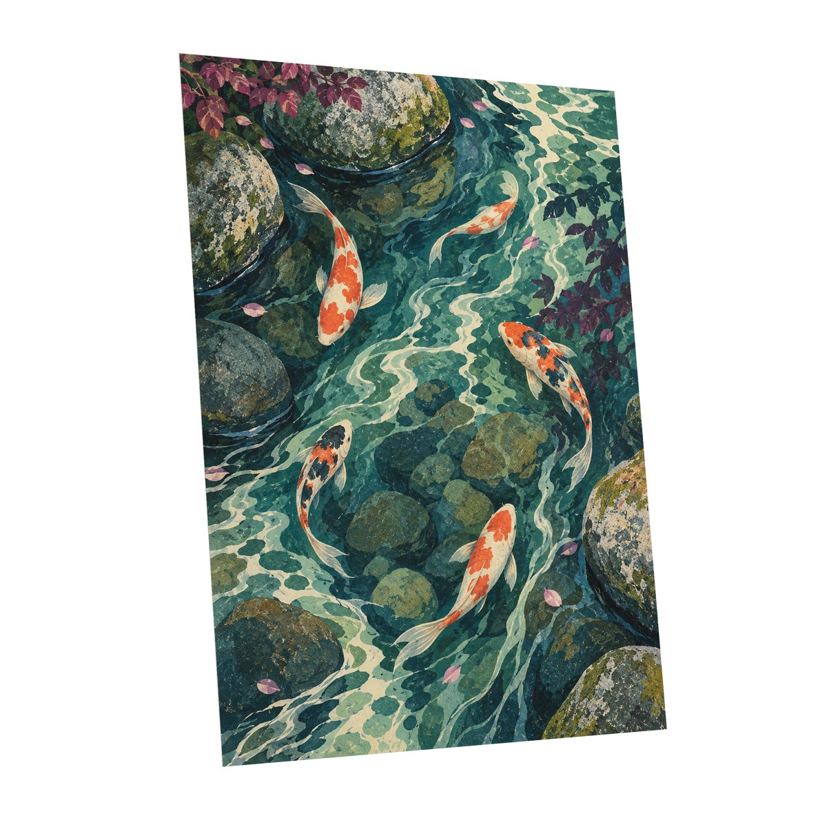 Koi Beneath the Ripples, blue, green, orange nature wall art shown as a unframed poster wall art print