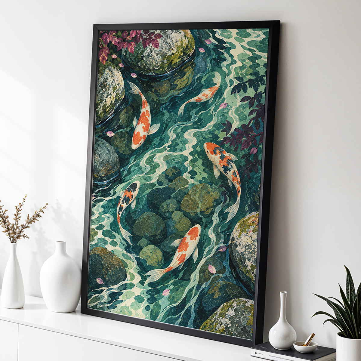 Koi Beneath the Ripples, blue, green, orange nature wall art displayed in a styled interior, gallery view 2
