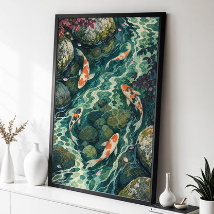 Koi Beneath the Ripples, blue, green, orange nature wall art displayed in a styled interior, gallery view 2