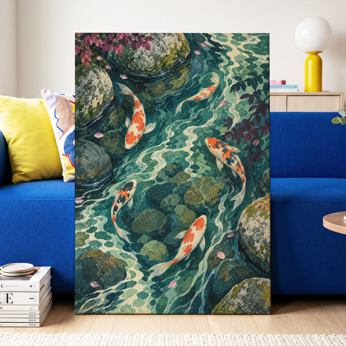 Koi Beneath the Ripples, blue, green, orange nature wall art displayed in a styled interior, gallery view 3