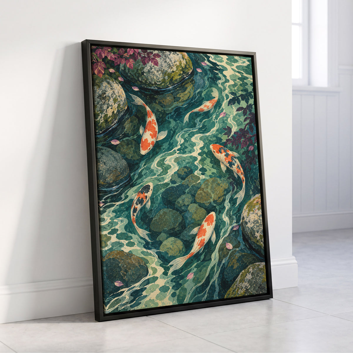 Koi Beneath the Ripples, blue, green, orange nature wall art displayed in a styled interior, gallery view 4