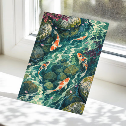 Koi Beneath the Ripples, blue, green, orange nature wall art displayed in a styled interior, gallery view 5