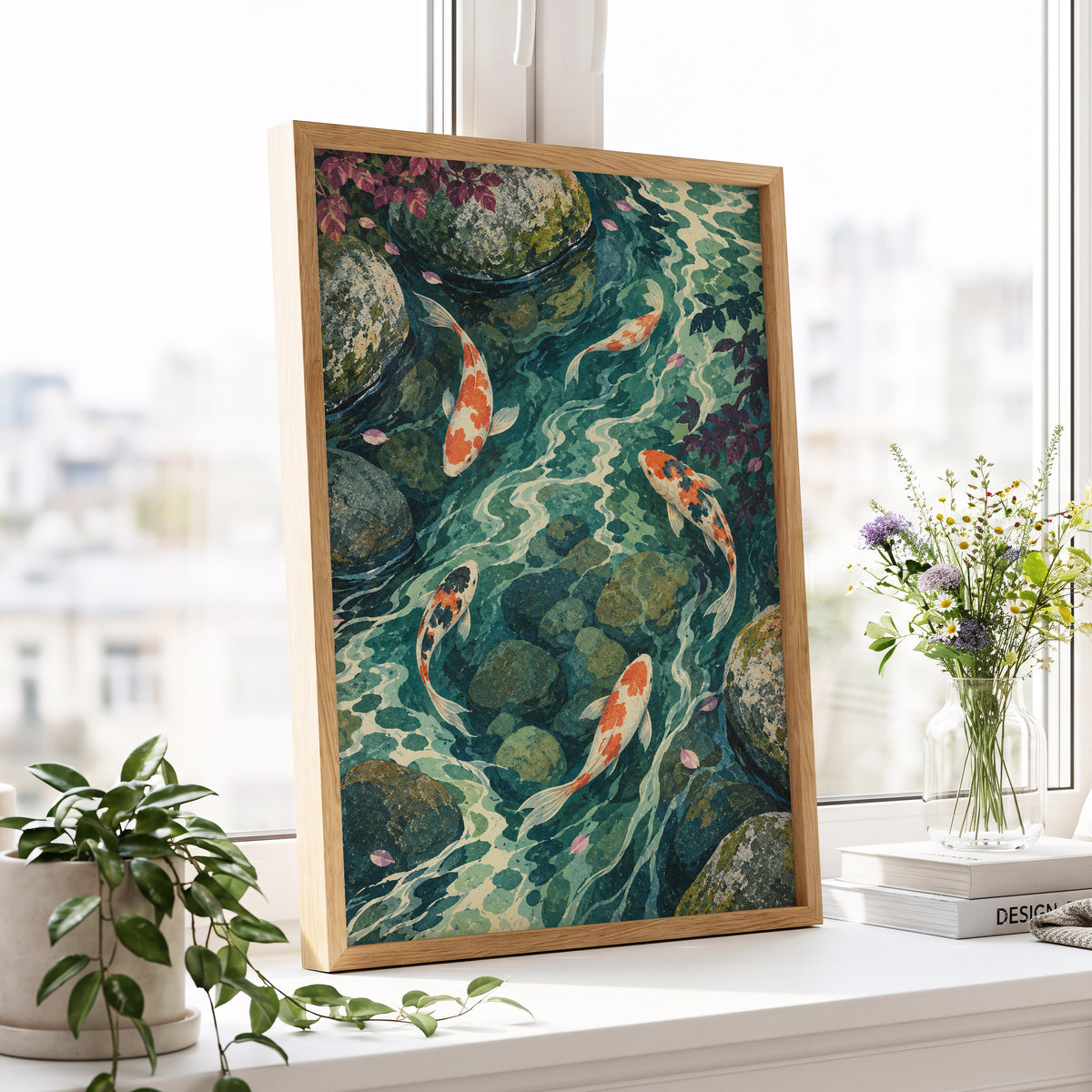 Koi Beneath the Ripples, blue, green, orange nature wall art displayed in a styled interior, gallery view 6