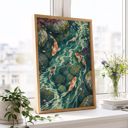 Koi Beneath the Ripples, blue, green, orange nature wall art displayed in a styled interior, gallery view 6