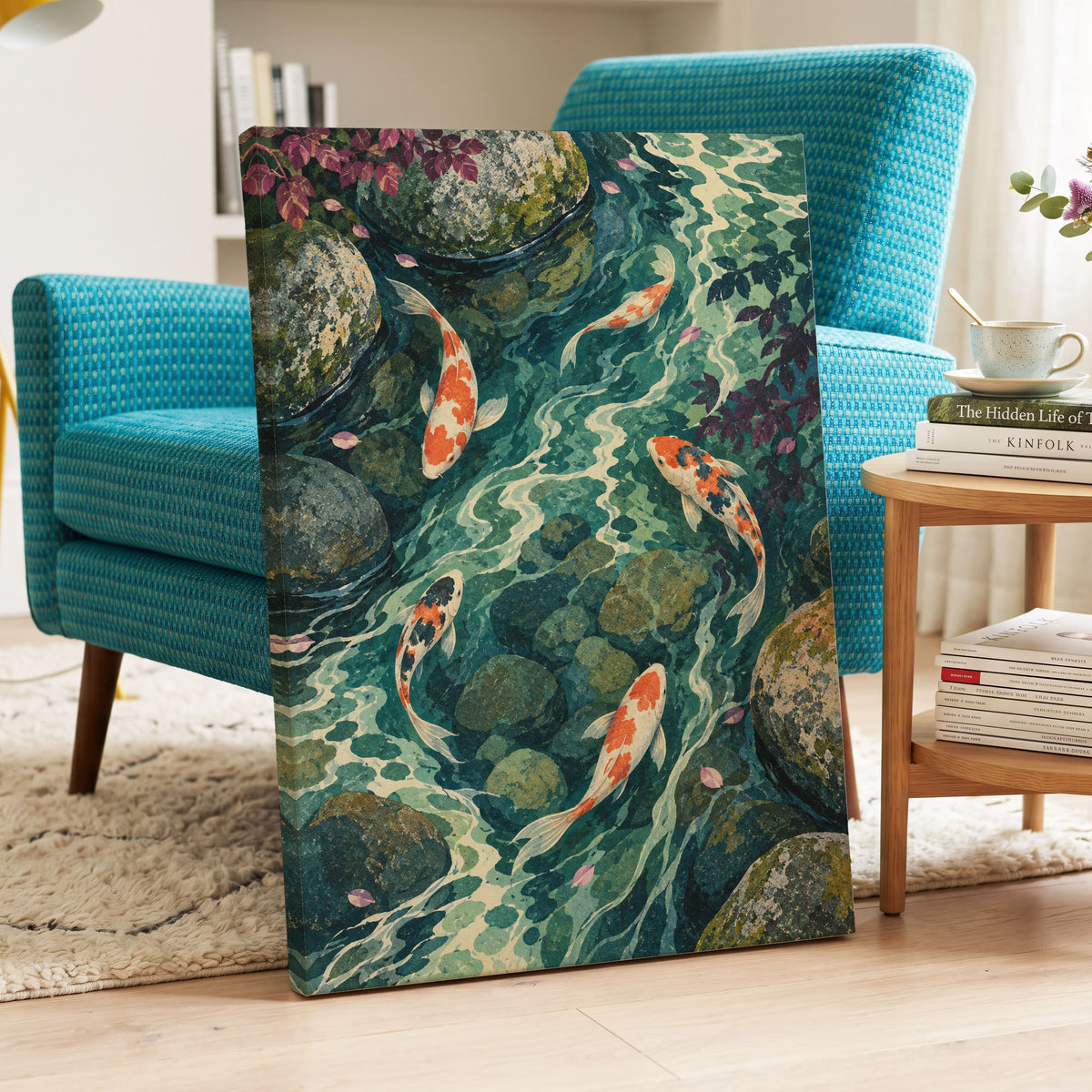 Koi Beneath the Ripples, blue, green, orange nature wall art displayed in a styled interior, gallery view 7