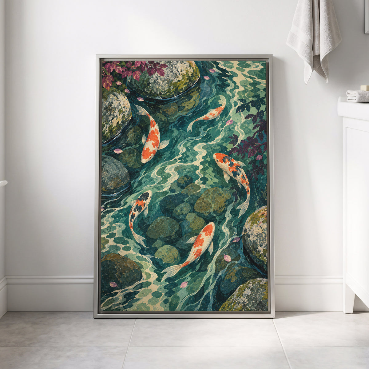 Koi Beneath the Ripples, blue, green, orange nature wall art displayed in a styled interior, gallery view 8