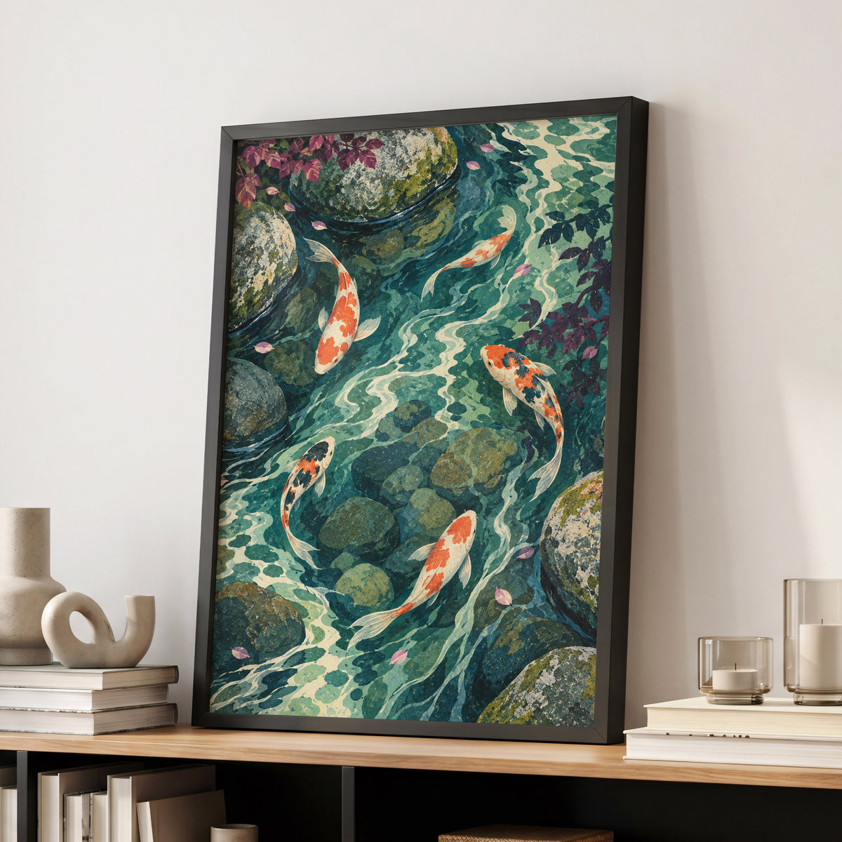 Koi Beneath the Ripples, blue, green, orange nature wall art displayed in a styled interior, gallery view 9