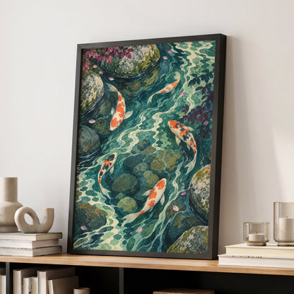 Koi Beneath the Ripples, blue, green, orange nature wall art displayed in a styled interior, gallery view 9
