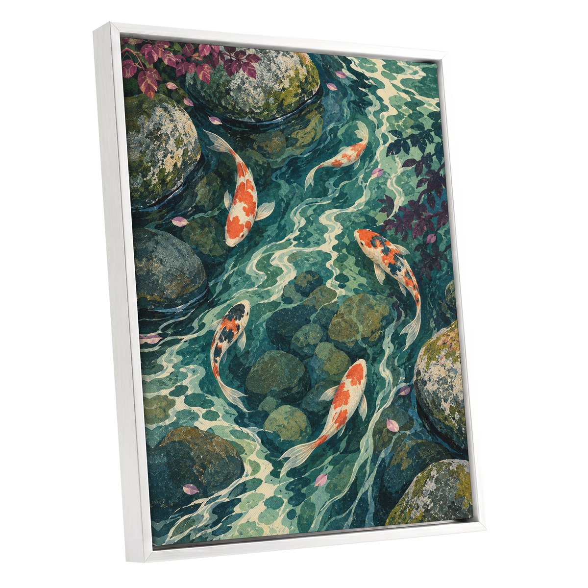 Koi Beneath the Ripples, blue, green, orange nature wall art shown as a white framed canvas wall art