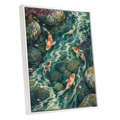 Koi Beneath the Ripples, blue, green, orange nature wall art shown as a white framed canvas wall art