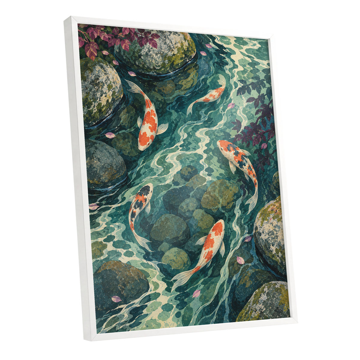 Koi Beneath the Ripples, blue, green, orange nature wall art shown as a white framed poster wall art print