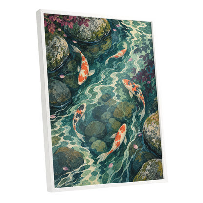 Koi Beneath the Ripples, blue, green, orange nature wall art shown as a white framed poster wall art print