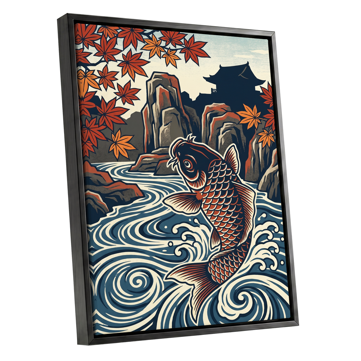 Koi in Autumn Currents, blue, beige, red nature wall art shown as a black framed canvas wall art