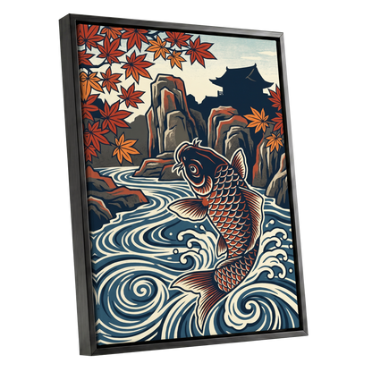 Koi in Autumn Currents, blue, beige, red nature wall art shown as a black framed canvas wall art